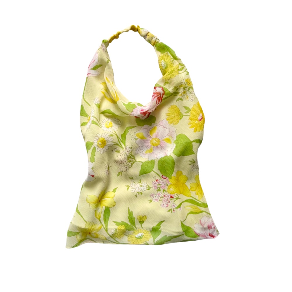 vintage y2k yellow halter top cowl neck floral print chiffon